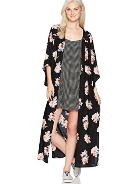 Angie Other - Angie Women's Maxi Black Floral Duster Kimono Open Front Crochet Trim NWT